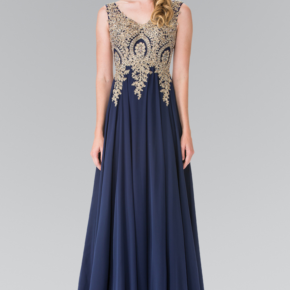 Navy Jeweled Party Long Dress